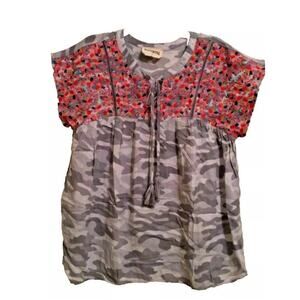 Savanna Jane Medium Tunic Grey‎ Camo Floral Embroidered Boho Top Pullover Shirt